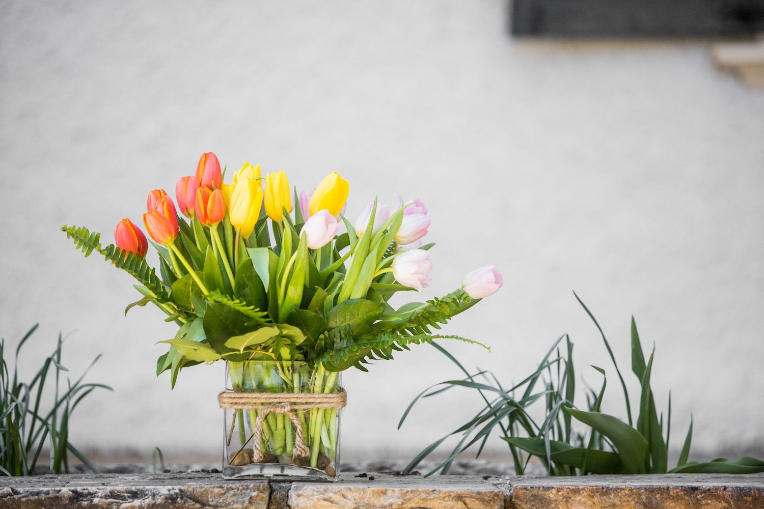 "Jane," Orange, yellow and pink Tulips grouped in color in a glass rectangular vase, with river rock and twine.