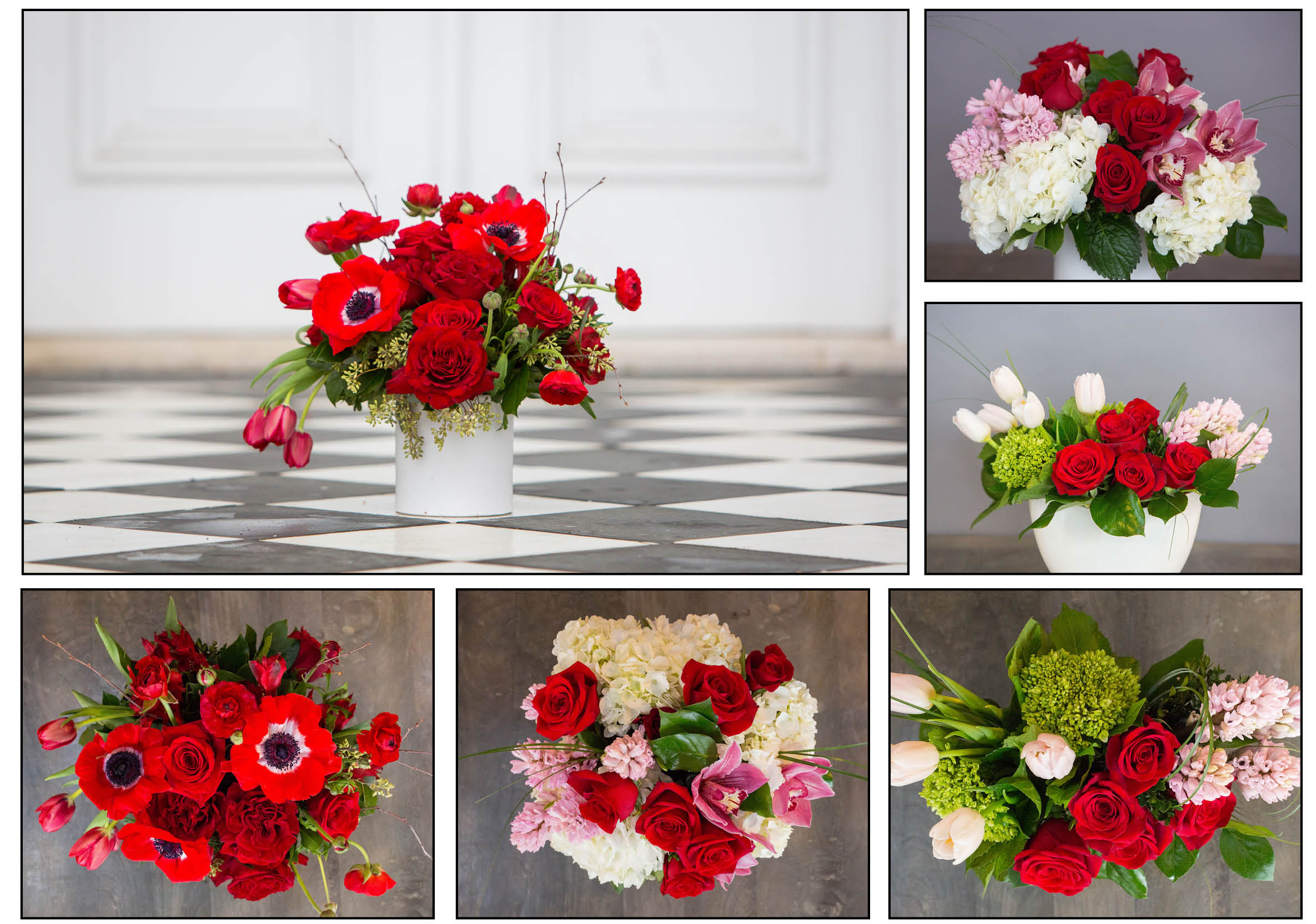 The reds: Rouge (top, left), Beloved (top, right) and Heart's Desire (middle and bottom, right).