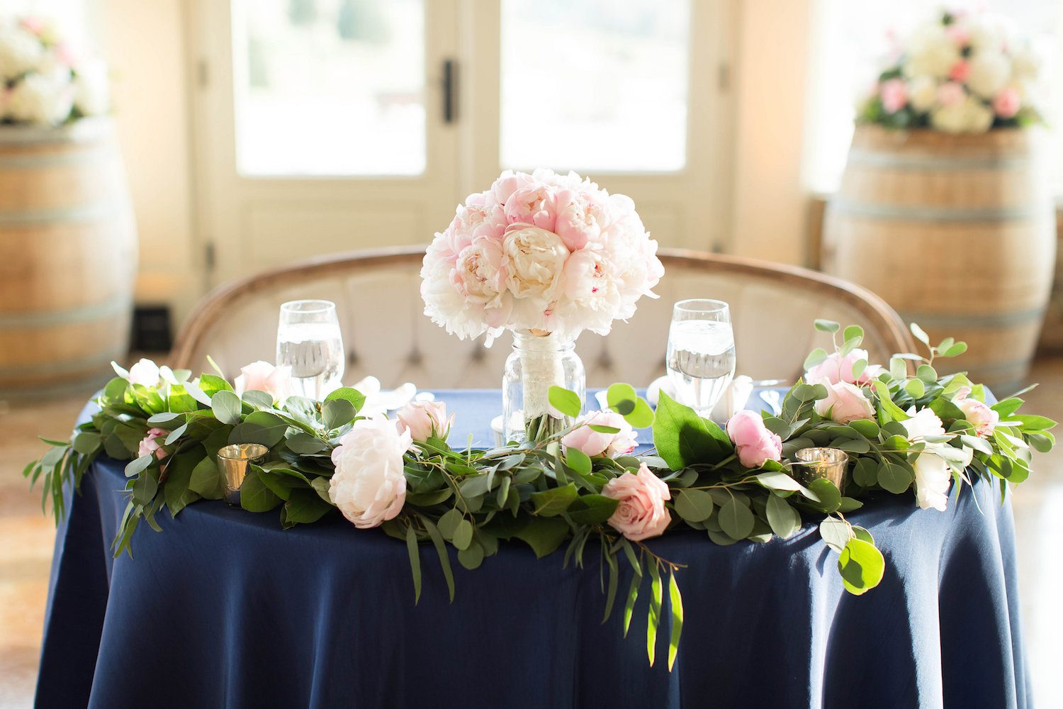 Candice Adelle Photography, navy linens with pink and white flowers and the bridal bouquet.