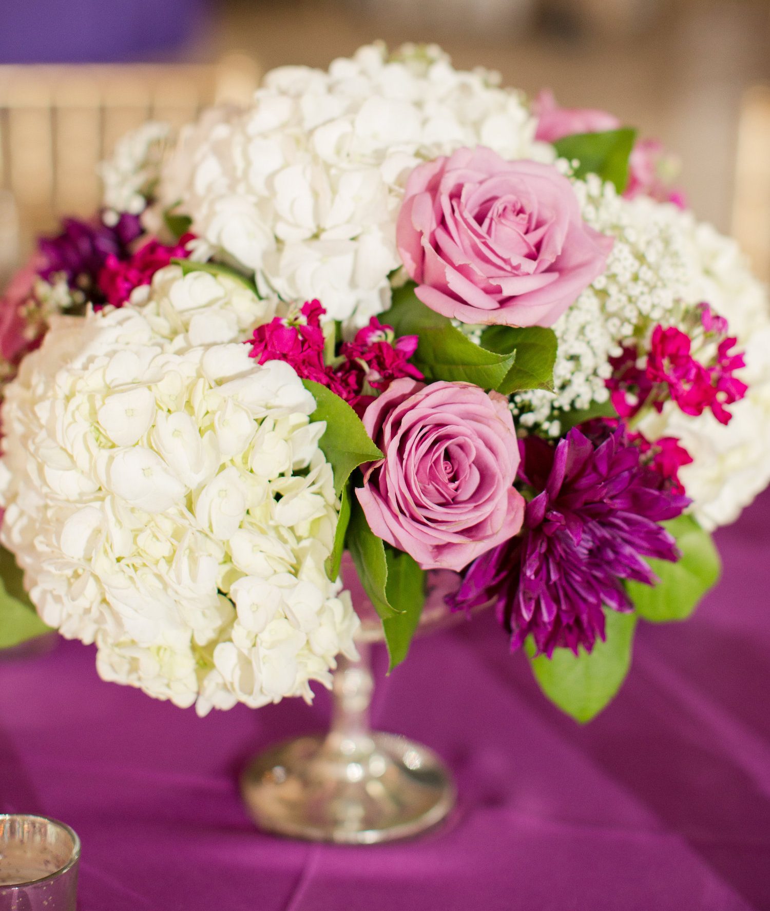 Dahila and Roses nestled among Hydrangea. Katelyy James Photography.