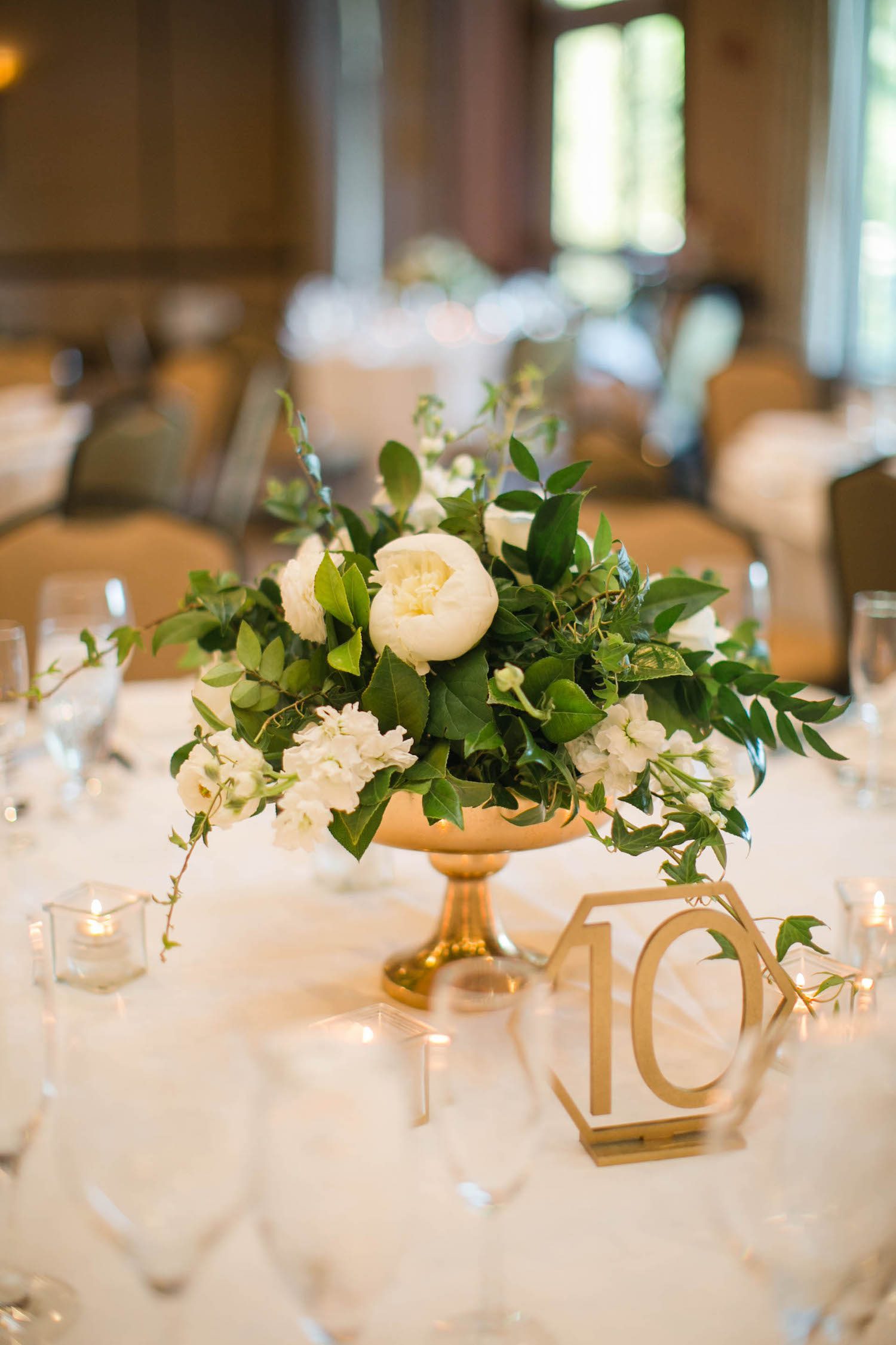 White Peony and Stock with Ruscus and Salal at Landsdowne Resort and Spa in Loudoun County, Virginia. Photograph by Kristen Gardner Photography.
