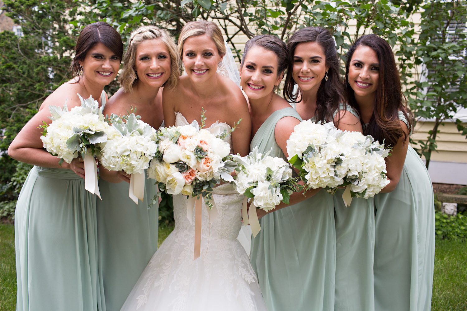 Birkby House bride and bridesmaids. A combination of heirloom flowers and Hydrangea for a soft style. Photography by Kate Elizabeth Photography.