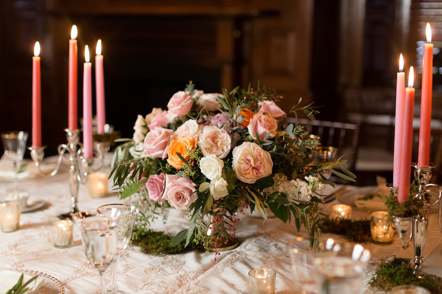 Centerpiece in a raised,&nbsp;gold, mixed metallic vase at the Red Fox Inn and Tavern, Middleburg, Virginia,&nbsp;Photography by Candice Adelle.