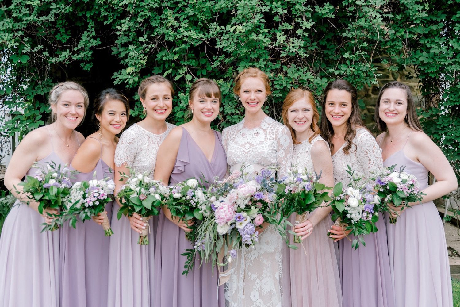 Only the bride's bouquet cascades.