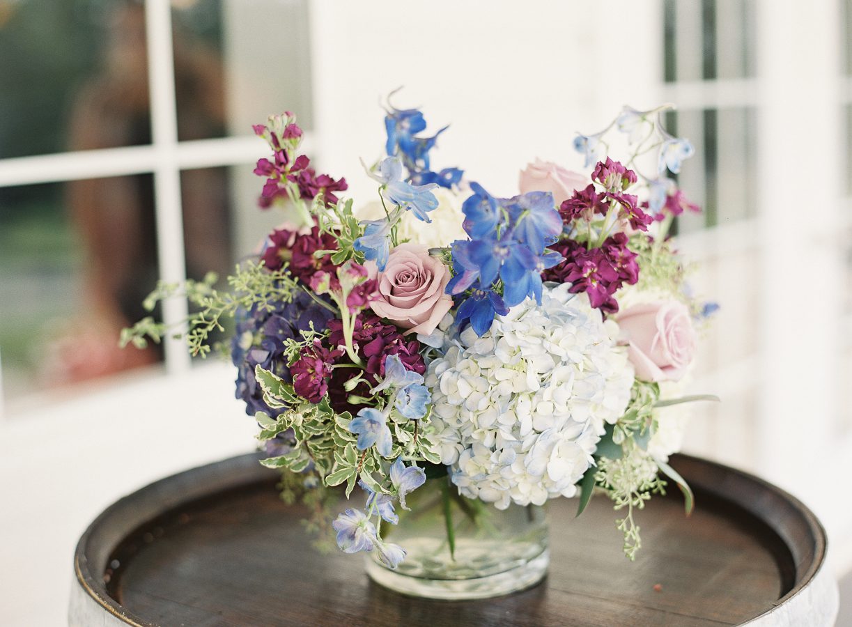 Light and dark blue Delphinium and blue Hydangea, Photography by Ashley Relvas.