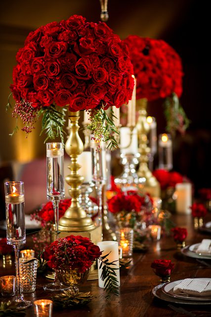 Gorgeous! Gold and red inspired table-scape for a wine theme!  