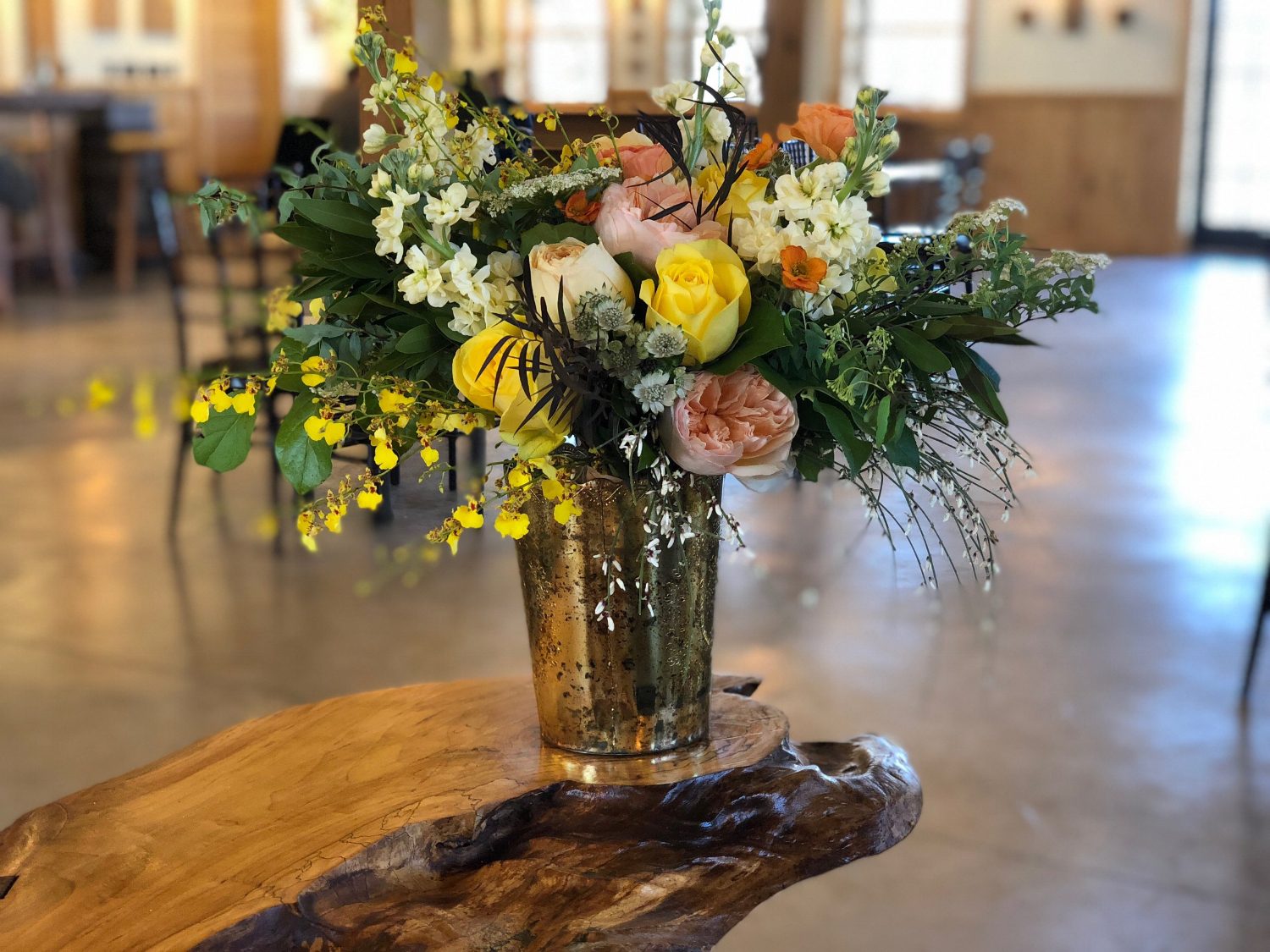 This bridal bouquet was placed on the head table in a gold vase.&nbsp;Many of the flowers were used as focal flowers in the installation at Mt Defiance Cidery and Distillery.