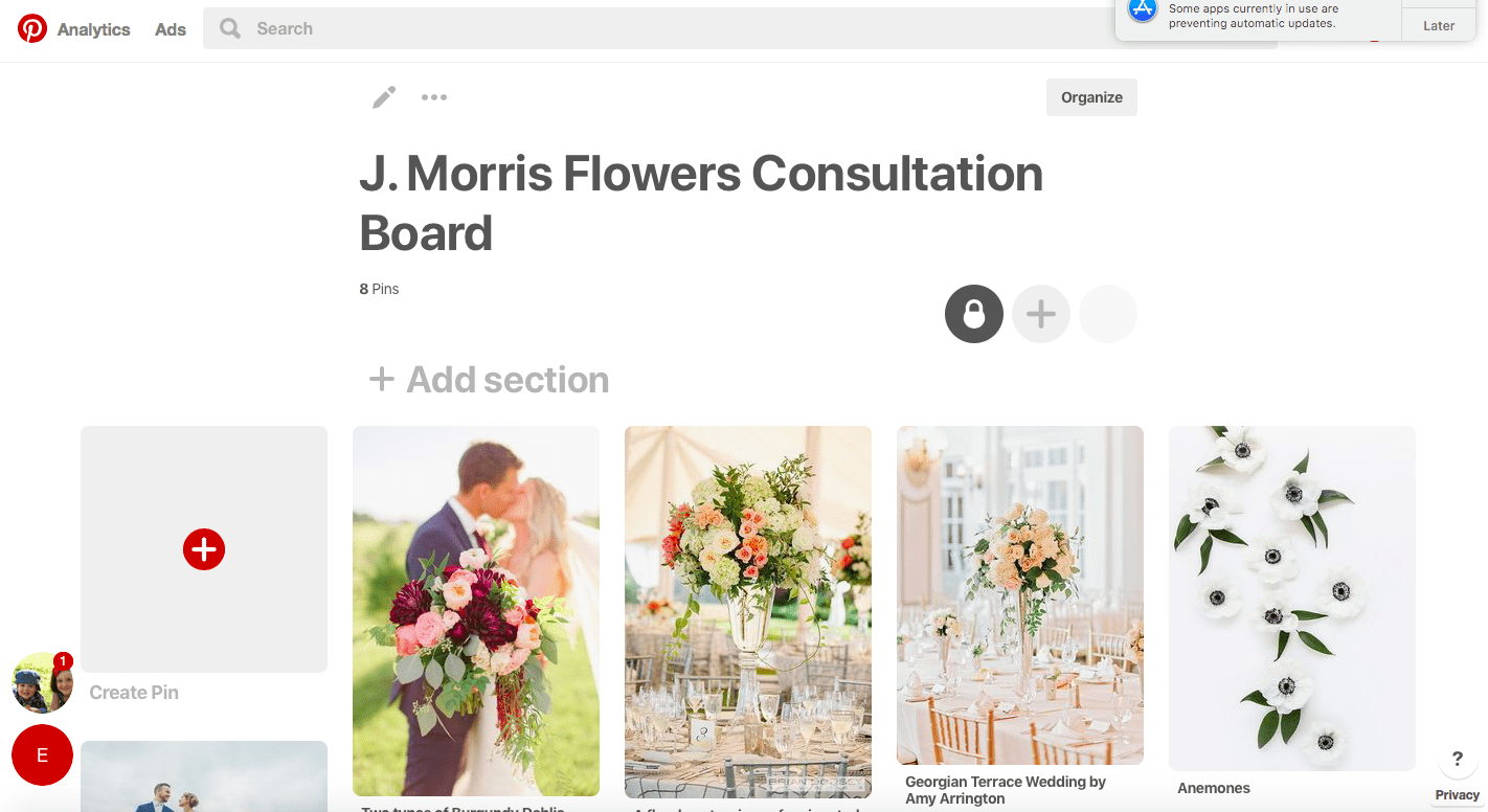 This is a mock Pinterest board that features three "top" designs for bridal bouquets and centerpieces. Step 1: Create an exclusive board for the consultation.