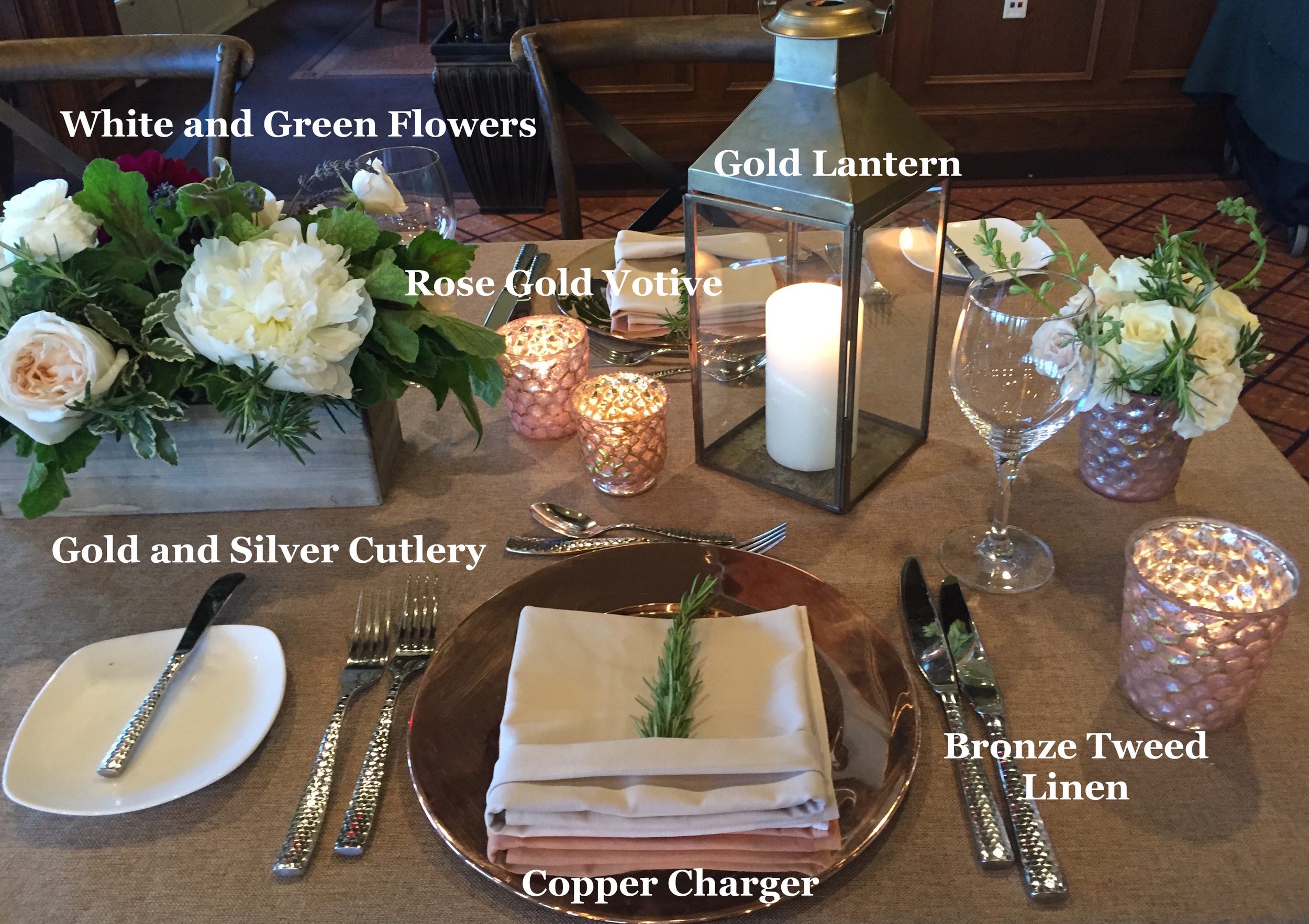 A mixed-metal table settings and flowers at Landsdowne Resort and Spa, Leesburg, VA.&nbsp;
