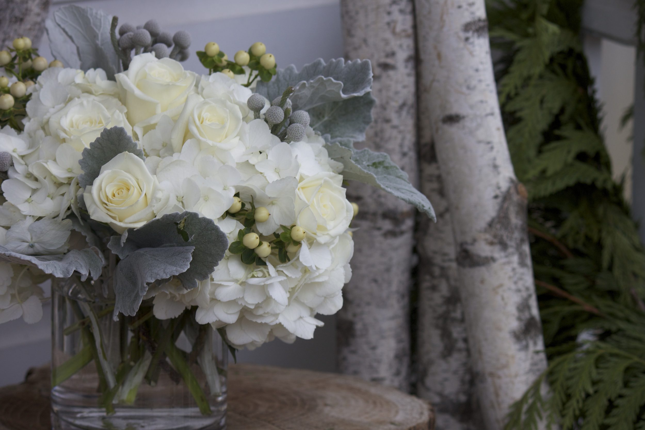 Brunia berries (gray), white Hypericum berries, white hydrangea, Dusty Miller (gray leaves), white roses